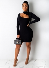 Black Long Sleeve Halter Hollow-out Cottons Bodycon Mini Dress
