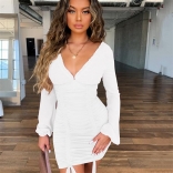 White Long Sleeve Deep V-Neck Bandage Women Mini Dress