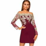 Red Long Sleeve Off-Shoulder Lace Bodycon Mini Dress