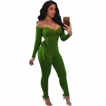 Green Long Sleeve Low-Cut V-Neck Cotton Women Sexy Bodycon Jumpsuit