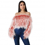 Red Long Sleeve Off-Shoulder Feather Fashion Coat