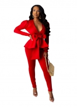 Red Long Sleeve Deep V-Neck Belted Sexy OL Dress