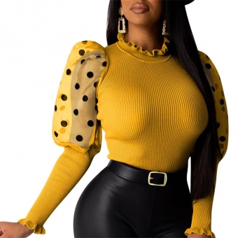 Yellow Puff Sleeve Cotton Women Fashion T-Skirt