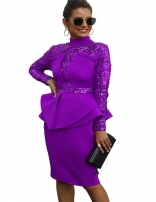 Purple Long Sleeve Sequins Foral Women Sexy Evening Dress