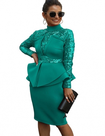 Green Long Sleeve Sequins Foral Women Sexy Evening Dress