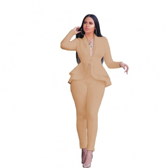 Khaki Long Sleeve V-Neck 2PCS Women Fashion Business Suits