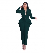 Green Long Sleeve V-Neck 2PCS Women Fashion Business Suits