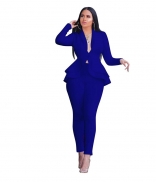 Blue Long Sleeve V-Neck 2PCS Women Fashion Business Suits
