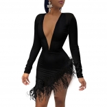 Black Deep V-Neck Bodycons Sexy Tassels Mini Dress