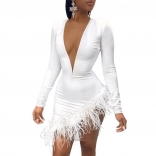 White Deep V-Neck Bodycons Sexy Tassels Mini Dress