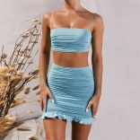 Blue Halter Low-Cut 2PCS Women Bodycon Mini Dress