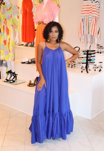 Blue Halter V-Neck Women Fashion Maxi Dress