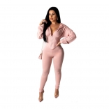 Pink Long Sleeve Zipper Women Tuck-in Shaping Sexy Jumpsuit