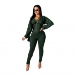 Green Long Sleeve Zipper Women Tuck-in Shaping Sexy Jumpsuit