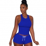 Blue Sleeveless Halter Women 2PCS Sexy Short Sets