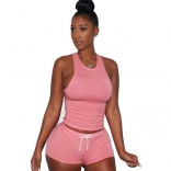 Pink Sleeveless Halter Women 2PCS Sexy Short Sets