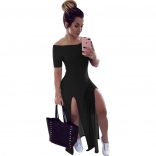 Black Off-Shoulder Short Sleeve Sexy Women Slit Maxi Dress