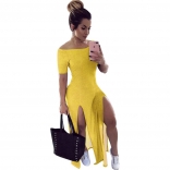 Yellow Off-Shoulder Short Sleeve Sexy Women Slit Maxi Dress