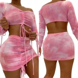 Pink Long Sleeve V-Neck Bandage Sexy Dress