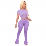 Purple Short Sleeve O-Neck Mesh Bandage Women Jumpsuit