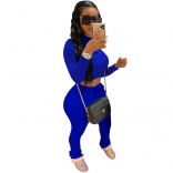 Blue Long Sleeve Cotton 2PCS Bodycons Women Jumpsuit