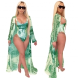 Green Long Sleeve Printed Dollars Women Beach Wear Dress