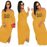 Yellow Long Sleeve Printed Fashion Women Long Dress