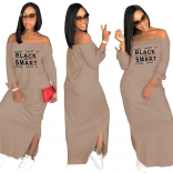Khaki Long Sleeve Printed Fashion Women Long Dress