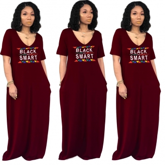 WineRed Short Sleeve Printed Women Fashion Dress