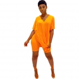 Orange Short Sleeve V-Neck 2PCS Women Skirt Sets