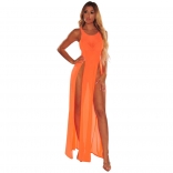 Orange Sleeveless Mesh Women Beach Dress