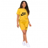 Yellow Short Sleeve Printed Women Fashion 2PCS Sports Dress