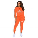 Orange LonG Sleeve O-Neck Printed Women Sexy Jumpsuit