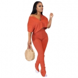 Orange V-Neck Short Sleeve 2PCS Women Fashion Jumpsuit