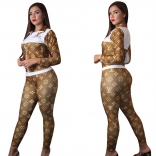 Coffee Printed Long Sleeve 2PCS Women Catsuit Dress