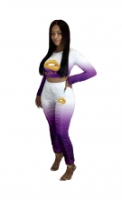 Purple Long Sleeve Printed 2pcs Women Jumpsuit Sets