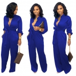 Blue Long Sleeve V-Neck Women Fashion Jumpsuit