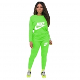 Green Long Sleeve O-Neck Printed 2PCS Sport Dress