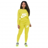 Yellow Long Sleeve O-Neck Printed 2PCS Sport Dress