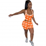 Orange Sleeveless Printed V-Neck Women Sexy Short Sets