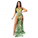 Green Halter Sleeveless Mesh Printed Slited Maxi Dress