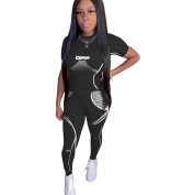 Black Short Sleeve Bodycons Printed Women Sports Dress