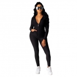 Black Long Sleeve Deep V-Neck Zipper 2PCS Sports Dress