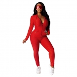 Red Long Sleeve Deep V-Neck Zipper 2PCS Sports Dress