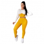 Yellow Long Sleeve O-Neck Cottons Bodycons Sexy Jumpsuit