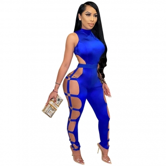 Blue Sleeveless O-Neck Women Hollow-out Sexy Jumpsuit