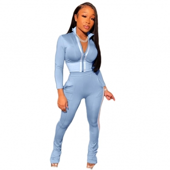 Blue Long Sleeve Zipper Deep V-Neck 2PCS Women Sports Dress
