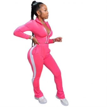 Pink Long Sleeve Zipper Deep V-Neck 2PCS Women Sports Dress