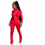 Red Long Sleeve Zipper Deep V-Neck 2PCS Women Sports Dress