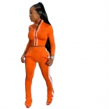 Orange Long Sleeve Zipper Deep V-Neck 2PCS Women Sports Dress